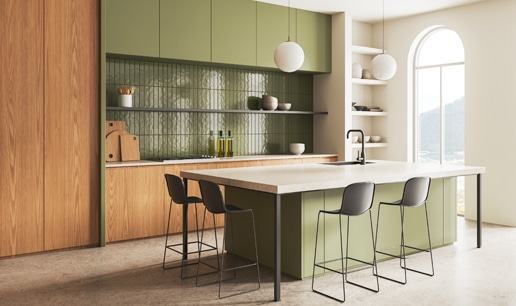 A kitchen with a table in a room